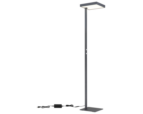 Modern LED-golvlampa som uplight med fyrkantigt huvud och två dimrar på stången.