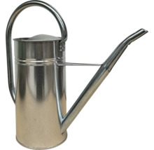 Vattenkanna i galvaniserad metall med lång pip och stort handtag.