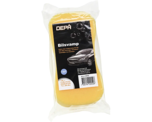 Extra stor gul bilsvamp i plastförpackning med DEPÅ Logo.