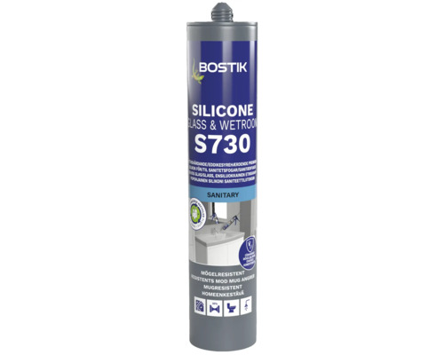 Bostik silikon S730 för glas och våtrum, mögelresistent, i patron.