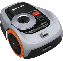 Segway Navimow robotgräsklippare med grått hölje, orange hjul, kontrollpanel med vridreglage och VisionFence-sensorteknik.