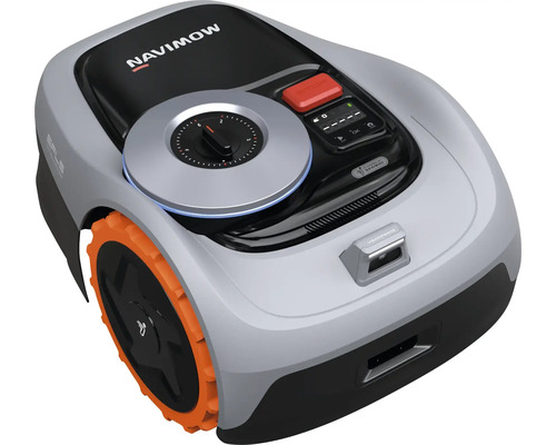 Segway Navimow robotgräsklippare med grått hölje, orange hjul, kontrollpanel med vridreglage och VisionFence-sensorteknik.