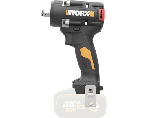 Worx batteridriven mutterdragare med Power Share batterisystem, ergonomiskt grepp och bältesklämma.