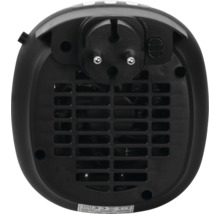 Baksidan av en svart kompakt värmefläkt för vägguttag med integrerad kontakt och ventilationsgaller.