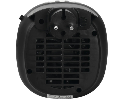 Baksidan av en svart kompakt värmefläkt för vägguttag med integrerad kontakt och ventilationsgaller.