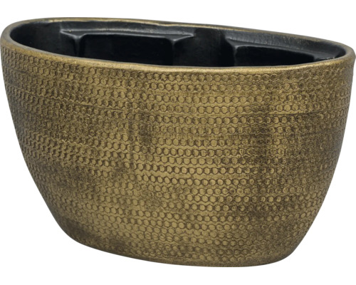 Oval blomkruka med strukturerad yta i guldlook och svart insida.