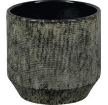 Mörk cylindrisk blomkruka i keramik med strukturerad yta och avsmalnande botten.