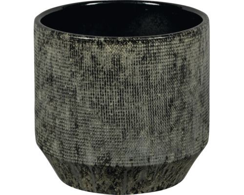 Mörk cylindrisk blomkruka i keramik med strukturerad yta och avsmalnande botten.