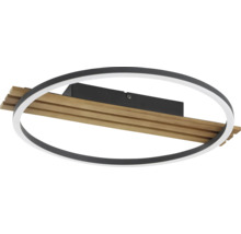Modern LED taklampa i oval ringform med dekorativa träribbor och svart metallram.