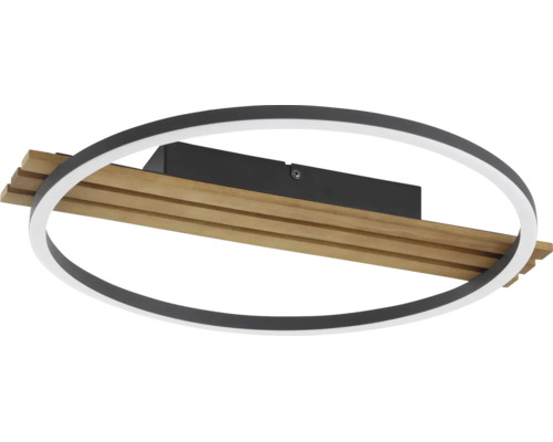 Modern LED taklampa i oval ringform med dekorativa träribbor och svart metallram.