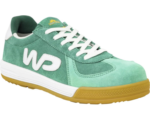 Grön Work Power skyddssko i sneaker-modell av mocka med vita snören och Work Power Logo.