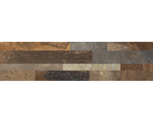 Väggtegel med naturstenslook med en strukturerad yta av olika rektangulära stenremsor.