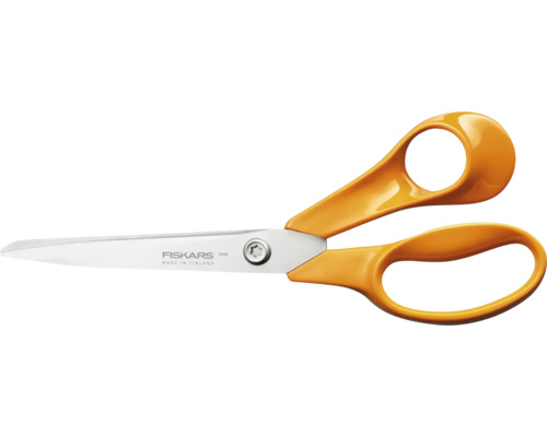 Fiskars universalsax med orangea handtag och blad i rostfritt stål.