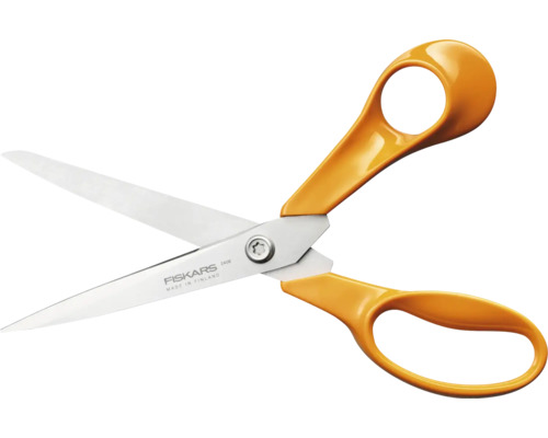 Fiskars universalsax med blad av rostfritt stål och ergonomiska plasthandtag.