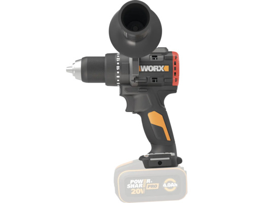 Batteridriven slagborrmaskin från Worx med extra handtag och 20 Volt batteri.