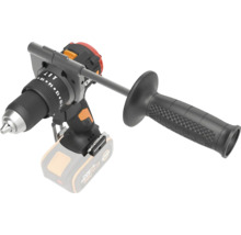 Worx batteridriven borrskruvdragare med monterat extrahandtag och snabbchuck.
