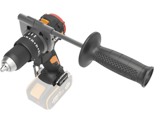 Worx batteridriven borrskruvdragare med monterat extrahandtag och snabbchuck.