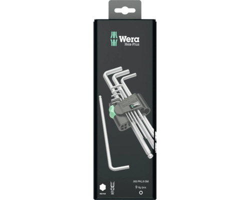 Wera Hex-Plus vinkelskruvmejselsats 950 PKL/9 SM, nio delar, i förpackning med kulhuvud.