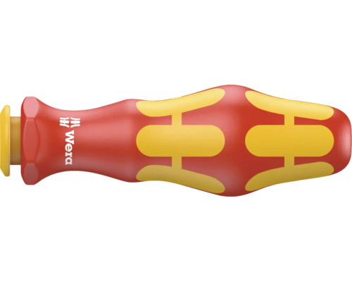 Ergonomiskt Wera Kraftform skruvmejselhandtag i rött och gult med Wera Logo.