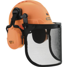 Orange Oregon skogshjälm med hörselskydd och nätvisir.