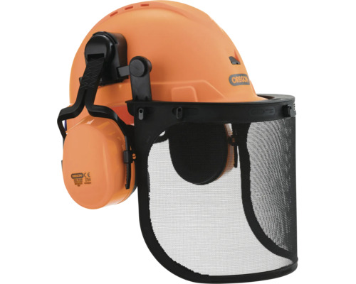 Orange Oregon skogshjälm med hörselskydd och nätvisir.