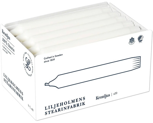 Liljeholmens Stearinfabrik Kronljus av 100 procent stearin i förpackning om 20 stycken.