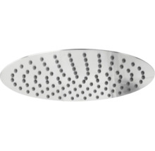 Strålplatta till en oval takdusch i metall med jämnt fördelade silikonmunstycken.