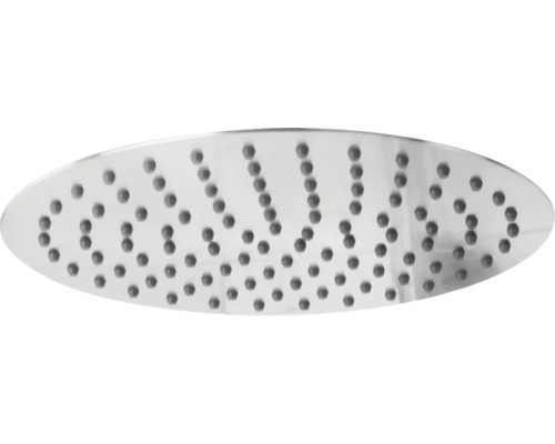 Strålplatta till en oval takdusch i metall med jämnt fördelade silikonmunstycken.