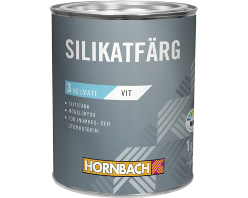 Hornbach Silikatfärg, 1 liters burk, helmatt, vit, för inomhus- och utomhusbruk.
