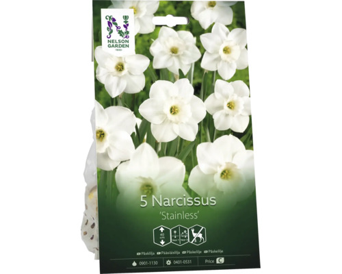 Nelson Garden Logo. Förpackning med 5 narcisslökar Stainless, höjd cirka 40 centimeter, blommar i flera år och är rådjursresistent.