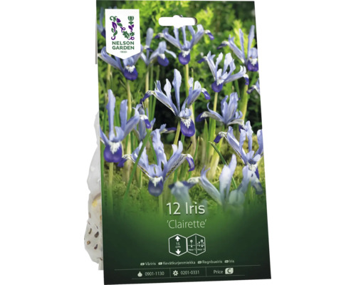 Förpackning med 12 Iris Clairette blomlökar från Nelson Garden. Bild på blommor, symboler för 15 centimeter växthöjd och Nelson Garden Logo.