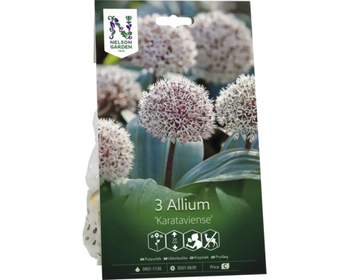 Nelson Garden Logo på förpackning för tre Allium Karataviense blomlökar med klotformade blommor och symboler för höjd 20 centimeter, bivänlighet och resistens mot vilt.