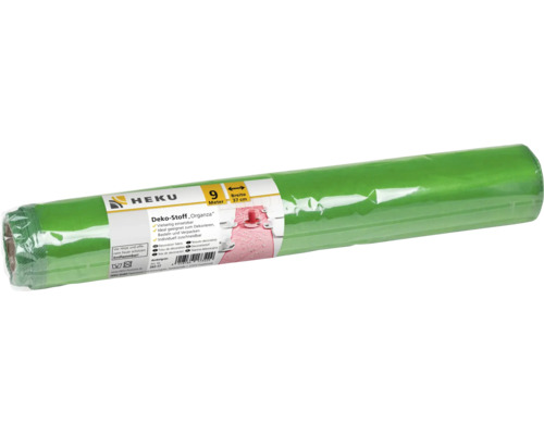En rulle HEKU Organza dekorationstyg i morkgront, 9 meter lang och 37 centimeter bred, for pyssel och dekorationer.