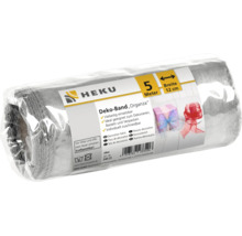 En rulle HEKU Organza dekorationsband fem meter långt och tolv centimeter brett i en genomskinlig plastförpackning.