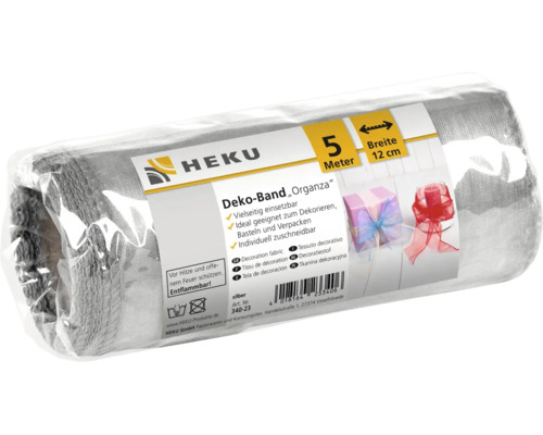 En rulle HEKU Organza dekorationsband fem meter långt och tolv centimeter brett i en genomskinlig plastförpackning.