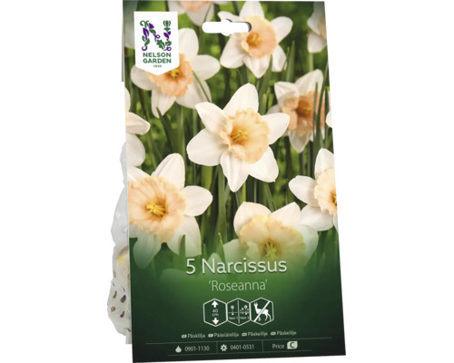 Förpackning med 5 påsklilja Roseanna lökar, höjd 40 centimeter, rådjursresistent, Nelson Garden Logo.