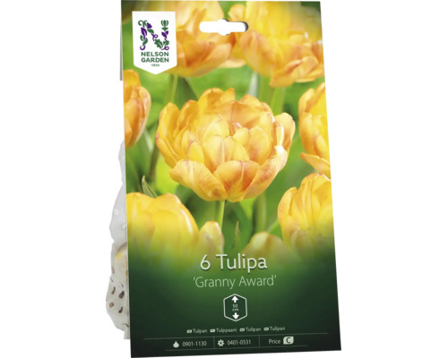 Nelson Garden Logo, förpackning med 6 tulpanlökar av sorten Tulipa Granny Award, växthöjd cirka 50 centimeter.