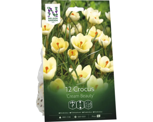 Nelson Garden Logo, fröpåse för 12 snökrokusar Cream Beauty, krämvita blommor, växthöjd cirka 10 centimeter.