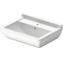 Vitt rektangulärt tvättställ i keramik med ett kranhål och bräddavlopp från Duravit.