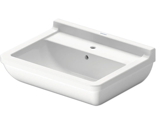 Vitt rektangulärt tvättställ i keramik med ett kranhål och bräddavlopp från Duravit.