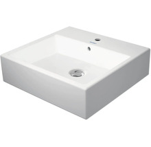Vitt kvadratiskt tvättställ för bänk i keramik med blandarhål och bräddavlopp från Duravit.