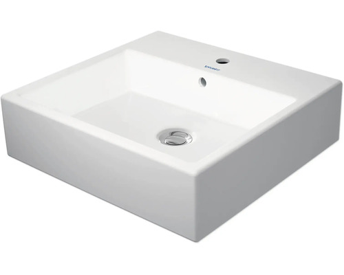 Vitt kvadratiskt tvättställ för bänk i keramik med blandarhål och bräddavlopp från Duravit.