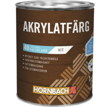 Hornbach akrylatfärg för utomhusbruk, 1 liter, vit, halvblank, vattenbaserad, väderbeständig. Hornbach Logo.