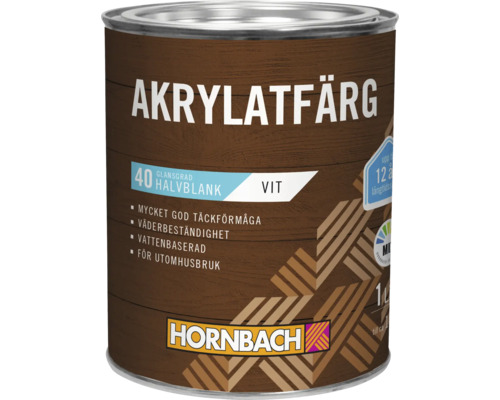 Hornbach akrylatfärg för utomhusbruk, 1 liter, vit, halvblank, vattenbaserad, väderbeständig. Hornbach Logo.
