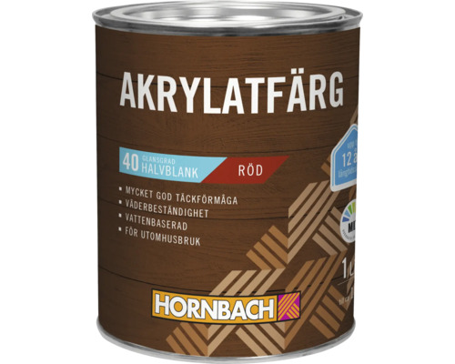 Hornbach Akrylatfärg för utomhusbruk, röd, 1 liter, glansgrad 40 halvblank, vattenbaserad och väderbeständig.