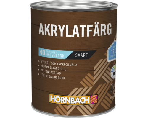 Hornbach akrylatfärg för utomhusbruk, svart, halvblank, vattenbaserad, 1 liter, Hornbach Logo.