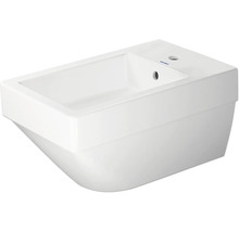 Duravit vägghängt tvättställ i vit keramik, rektangulärt, med kranhål till höger och bräddavlopp.