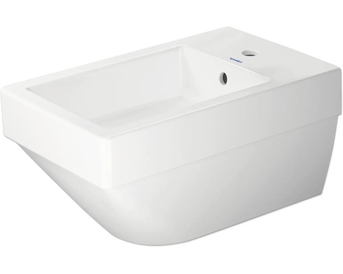 Duravit vägghängt tvättställ i vit keramik, rektangulärt, med kranhål till höger och bräddavlopp.