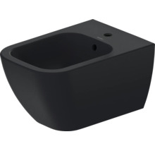 Vägghängd bidé i svart keramik med ett kranhål och bräddavlopp från Duravit.