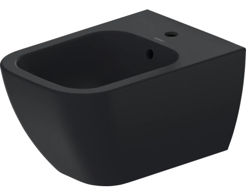 Vägghängd bidé i svart keramik med ett kranhål och bräddavlopp från Duravit.